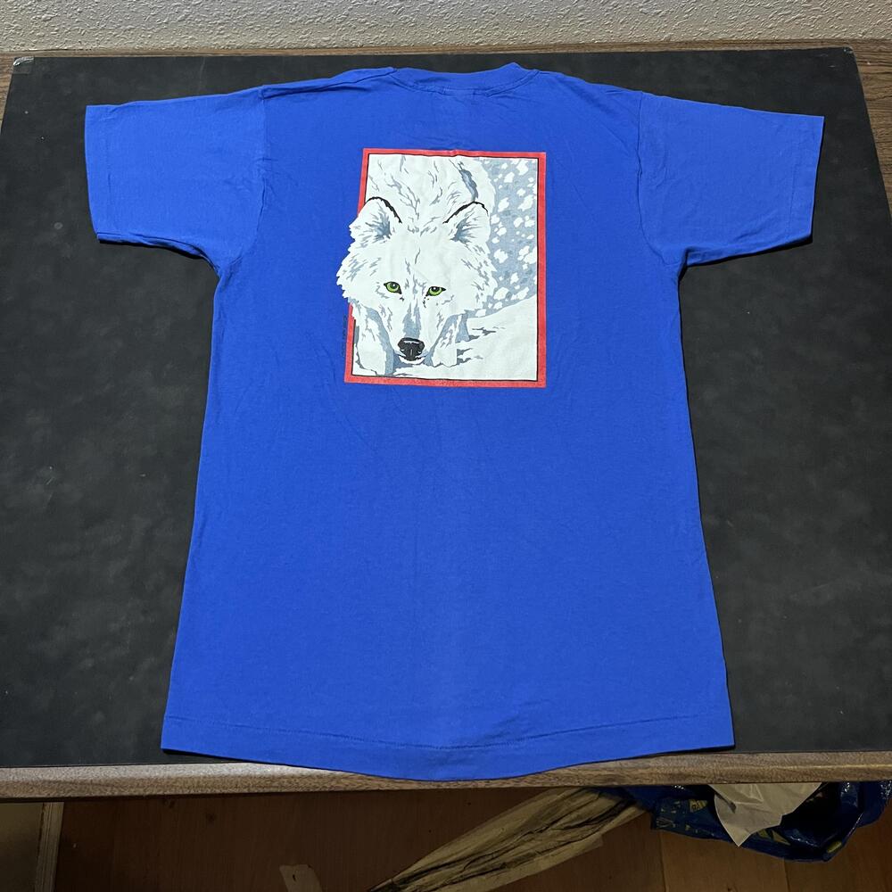 Vintage Wolf Shirt Mens Large Blue Chesapeake Virginia Pocket Made USA 90s